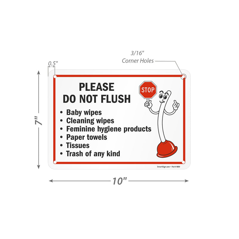 [Australia - AusPower] - SmartSign 2-Pack 'Please Do Not Flush Wipes/Feminine Hygiene Products/Paper Towels/Tissues/Trash' Bathroom Sign with Funny STOP Symbol - 7" x 10", 55 mil HDPE Plastic, Red/Black/White, USA-Made 7" x 10" - Plastic (Pack of 2) 