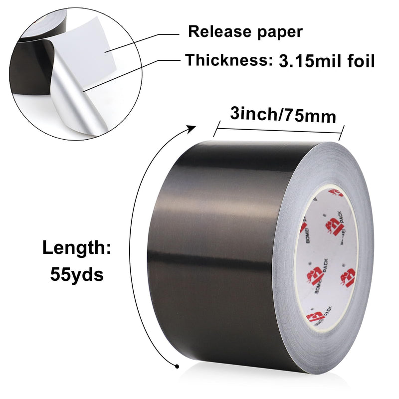 BOMEI PACK Black Aluminum Tape,3 Inch x 55 Yards,Black Foil Tape HVAC Sealing & Patching Hot Cold Air Duct Tape Aluminum Foil Tape for Pipe, Metal Repair, HVAC, Air Ducts, Insulation (3 Inch) 3 Inch