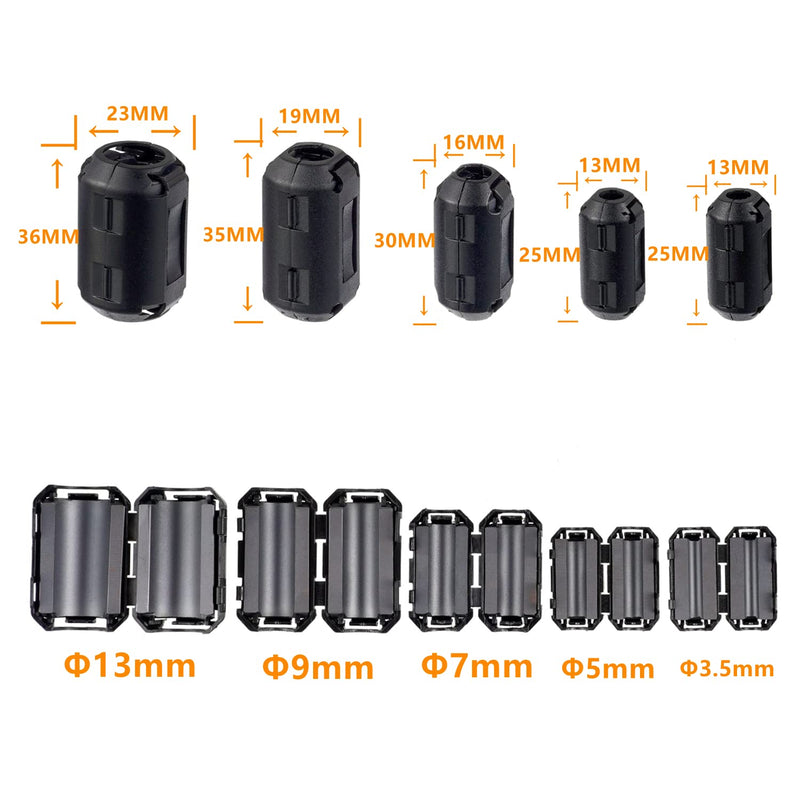 5 Values 28 Pieces Black Clip-on Ferrite Ring Core RFI EMI Noise Reducer Cable Clip for 3.5 mm 5 mm 7 mm 9 mm 13 mm Diameter Cable 28p