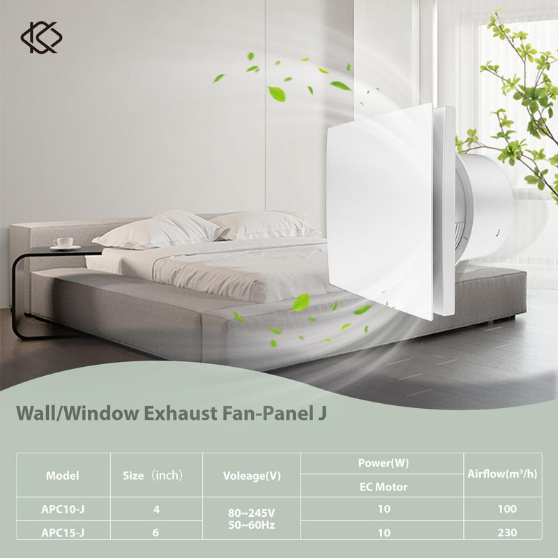 Bathroom Exhaust Fan 6 Inch Glass/Wall Mounted, Room Ventilation Fan Two-way Reversible EC Motor 10W,Air Vent Fan Remote Control with 70 Second Air Circulation,Four Speed Regulation, Low Noise,White APC15-J-6in