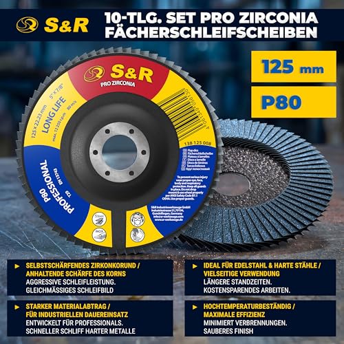 S&R Flap Disc Set, 125 x 22.23 mm, Pro Zirconia, T29, Lamellar Grinder, Grinding Disc Set for Steel, Stainless Steel Grit P80