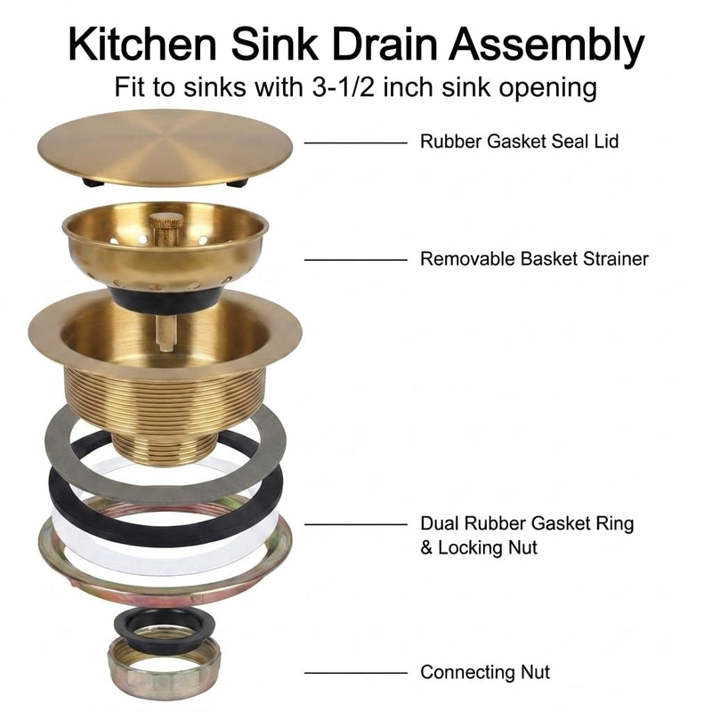 LQS Kitchen Sink Drain Assembly, Sink Drain Basket Strainer, Stainless Steel Removable Sink Strainer Basket and Stopper with Decor Flat Cover 3-1/2-inches (Brushed Gold with Cover) Brushed Gold With Cover