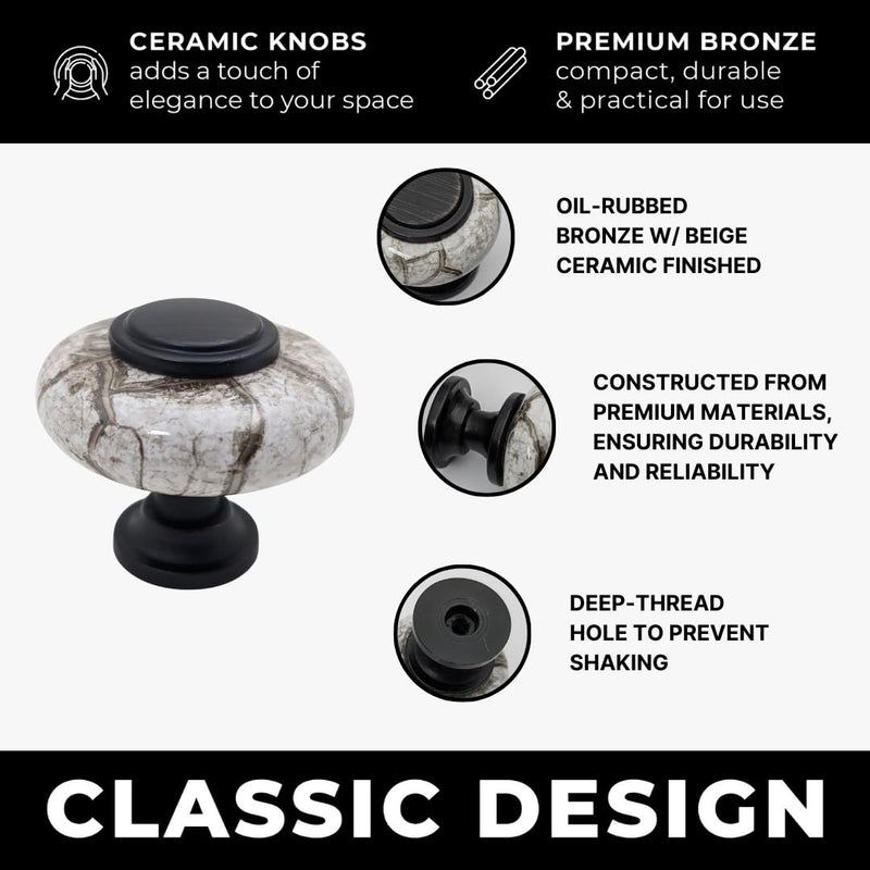 10 pcs Oil Rubbed Bronze Cabinet Knobs with Granite Gray Ceramic Accent for Cabinets, Drawers, Dressers, Vanities, Closets 10 1.5 inch Diameter