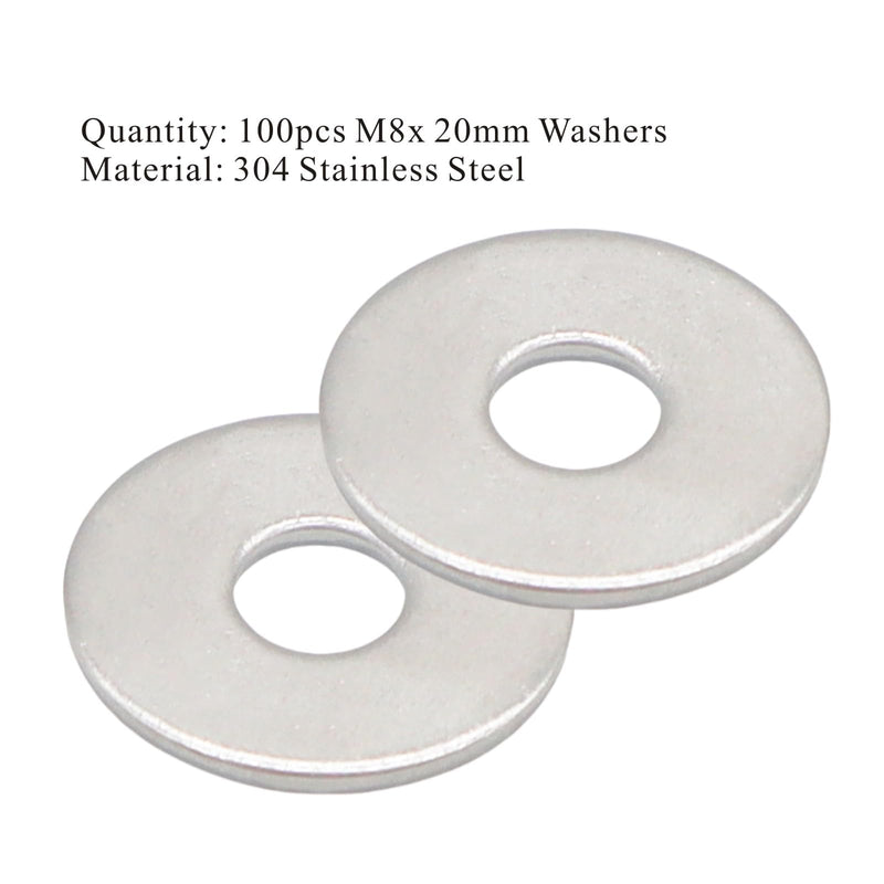 [Australia - AusPower] - M8 x 20mm Flat Washer, 304 Stainless Steel Washers Flat, M8 Washers Flat OD 20mm | Thickness 1.5mm; 100Pcs M8*20 -100pcs 