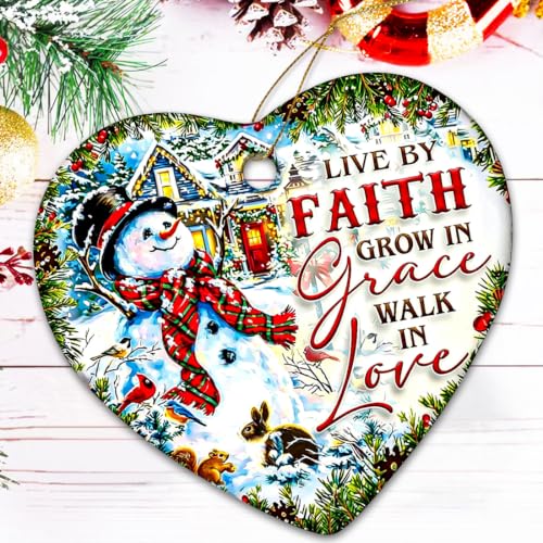 Snowman Christmas Ornaments 2026, Ceramic Snowman Ornaments for Christmas Tree - Live By Faith, Grow in Grace, Walk in Love, Religious Christian Ornament Gift for Family Friends
