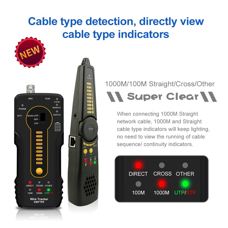 [Australia - AusPower] - Digital Tone Cable Tracer, WANLUTECH Network Cable Tester Tone Generator and Probe Kit RJ11 RJ45 Cable Test for Cable Continuity Checking NCV Detecting PoE Switch Power Supply Pins CT-66 