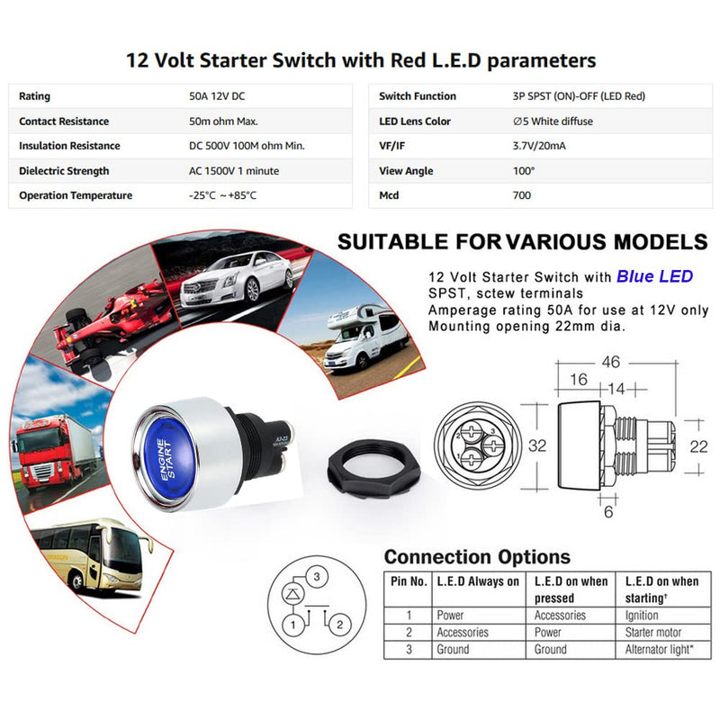 [Australia - AusPower] - GUUZI Start Motor Button Car DC 12 V/50 A Car Start Motor Button Light Button Start Ignition Push Button for Racing, On/Off Momentary Button (Blue) blue 