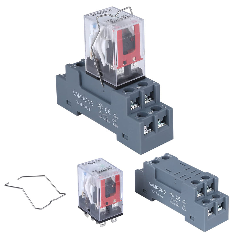 Electromagnetic Power Relay, 8-Pin 10 AMP 24V DC Relay Coil with Socket Base, LED Indicator, DPDT 2NO 2NC - MY5NJ 2PCS [Applicable for DIN Rail System] DC 24V 8Pin-10A-2PCS