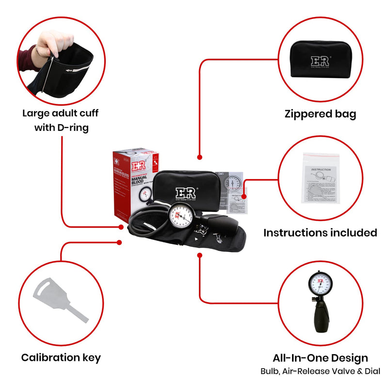 [Australia - AusPower] - Ever Ready First Aid One Handed Palm Manual Blood Pressure Sphygmomanometer Monitor Reader, 8 ¾” to 16”, Lined Cuff with D-Ring - Large Adult 