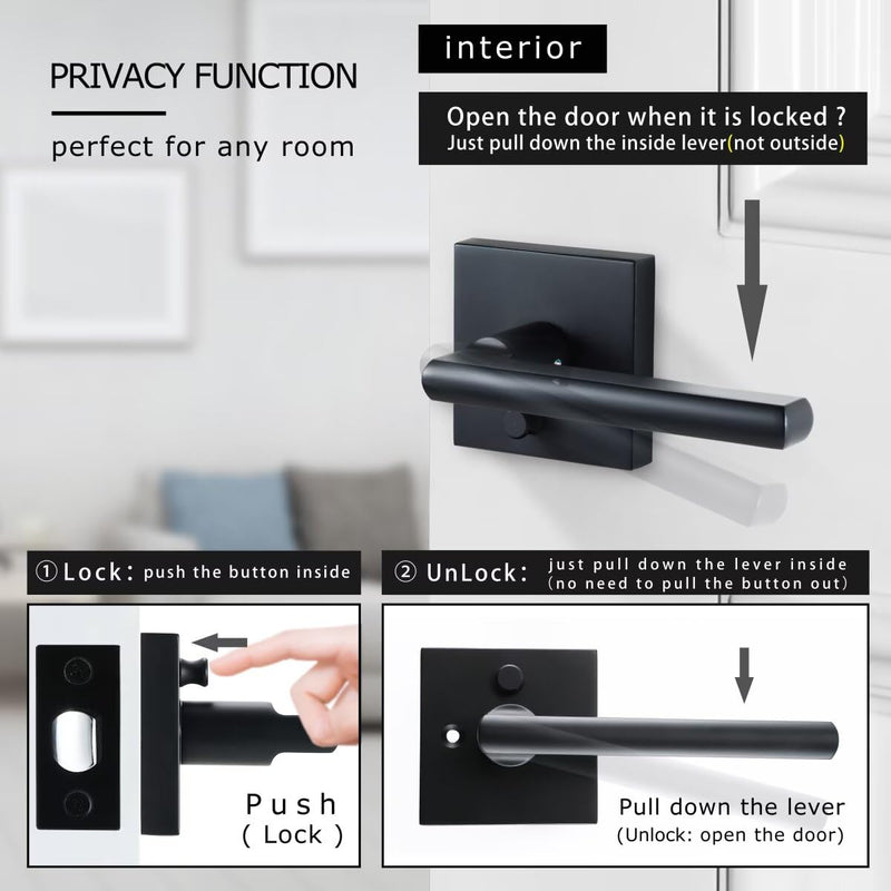 Linkaa Matte Black Interior Door Handle with Push Lock, Privacy Keyless Door Lever for Bathroom and Bedroom, Reversible Handles(Heavy Duty Zinc Alloy，Privacy，Push Button Lock Privacy(Push Button Lock) 1