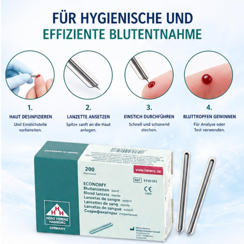 Blood Lancets 200 per Box - Sterile Lancets for Blood Glucose Measurement - Milia Lancets / Milia Lancets Stainless Steel Applications: Acne, Pimples, Ingrown Hair, Splitter. Heinz Herenz