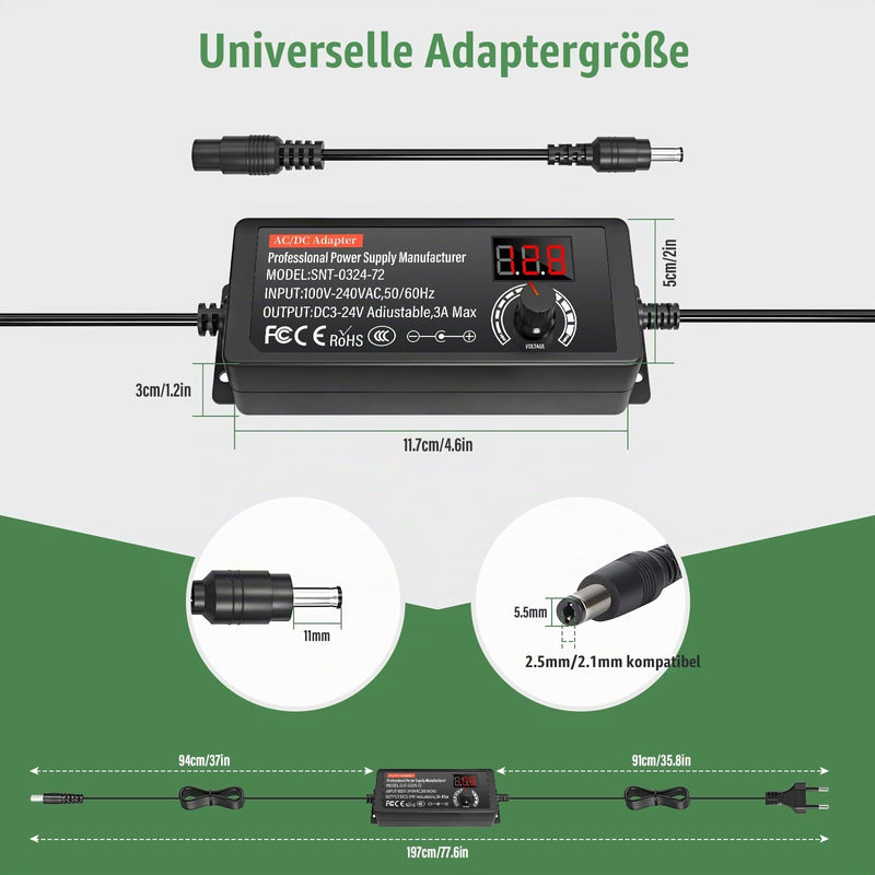 3V-24V Universal Power Supply 3A 72W Adjustable Power Supply 100-240V AC to DC Transformer Converter with Digital Display and 14 Tips for Household Electronics, DC Motor, 3A Max