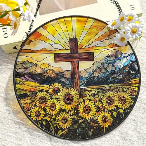 Christian Suncatcher Stained Glass, Christian Suncatcher for Women, Cross Suncatchers for Windows Hanging (UV Printed) Cross 2