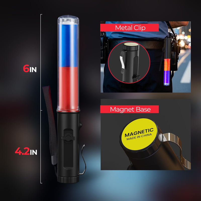 [Australia - AusPower] - Traffic Wand Rechargeable, 10 Inch Traffic Control Baton Light with 4 Flashing Modes and 1 White LED on Top, Air Marshaling Signal Wand with Side Clip for Airport, Parking, Car Directing, 1 Pack Red Blue 