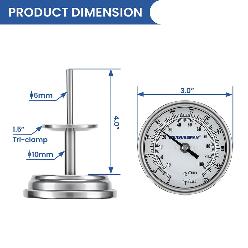 [Australia - AusPower] - MEASUREMAN 1.5" Tri-Clamp Sanitary Thermometer - 3" Easy-to-Read Analog Dial for Homebrewing, Mash Tuns, and Kettles, 4" Stem Probe, 0-200°F Range 