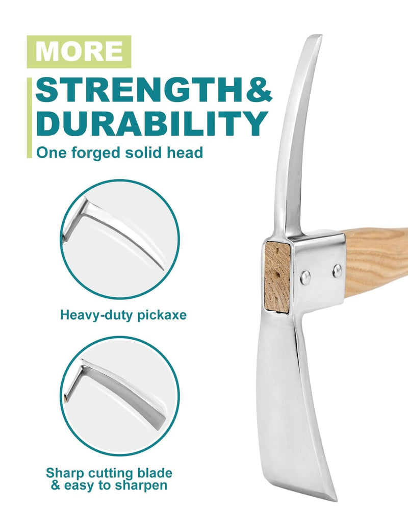 Pick Mattock Hoe Garden Pick Axe Planting Hoe Tool 15inch with Hardwood Handle for Digging Loosening Trenching Tilling Leveling Cutting Gardening Landscaping Farming Camping Outdoor Hand Cultivator Digging Hoe