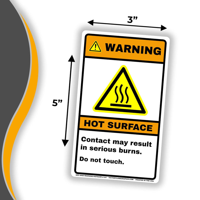 WARNING Hot Surface Safety Labels – ANSI Z535 Industrial Safety Signage, 3x5 Inch Waterproof Vinyl Hazard Decals, High-Temperature Equipment Warning, 10 Pack