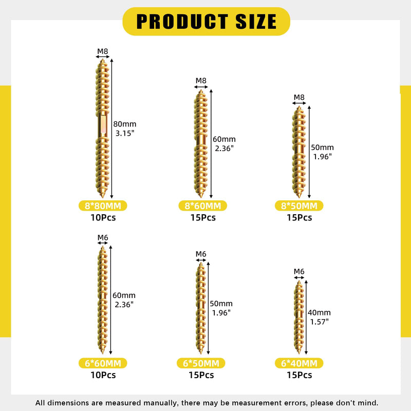 [Australia - AusPower] - 80Pcs M6 M8 Double Ended Self Tapping Screws, Double Ended Screws Dowel Screw Woodworking Furniture Connector Double Ended Screw, M6x40, M6x50, M6x60, M8x50, M8x60, M8x80 M6, M8 Gold 
