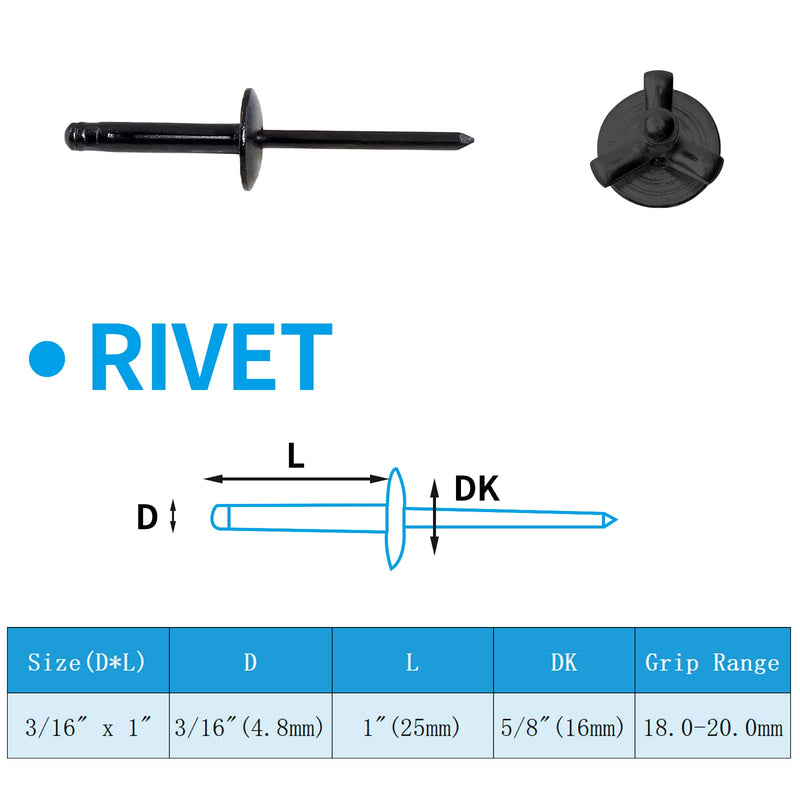 [Australia - AusPower] - 60 Pcs Aluminum Blind Rivets, 3/16 x 1 Pop Rivets Assortment, Black 3/16 x 1 