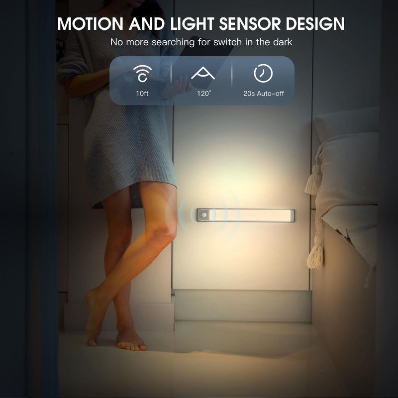MCGOR 14.7inch Under Cabinet Lighting, 2 Pack Rechargeable Motion Sensor Light Indoor, 5 Levels Dimmable Magnetic Closet Lights, Wireless Under Counter Lights for Kitchen, Stairs,Hallway Warm White Light
