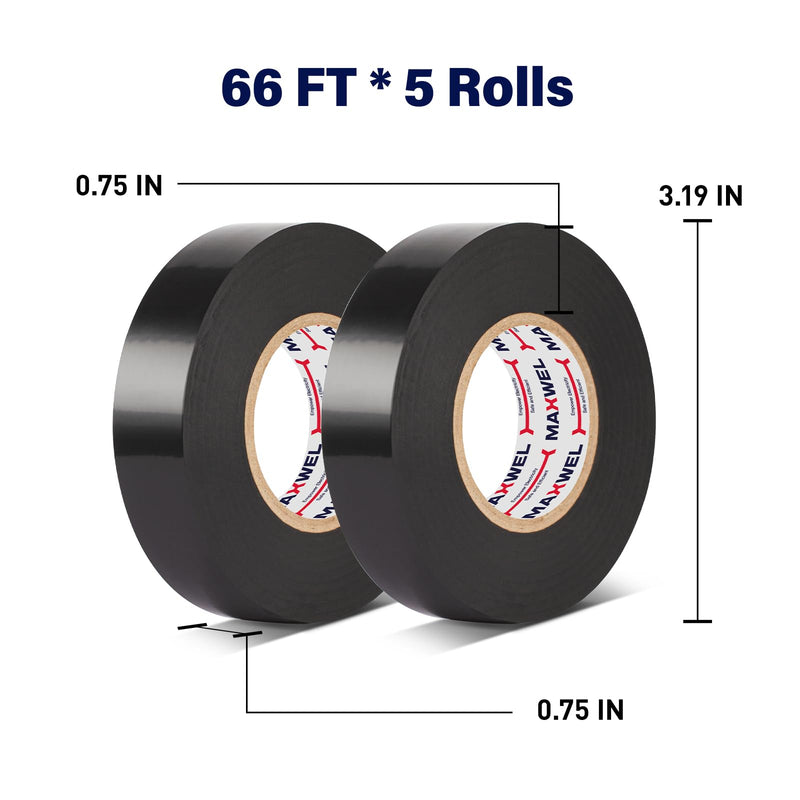 5 Rolls PVC Black Electrical Tape – Vinyl Professional Electric Tape, Waterproof, Flame Retardant, 3/4 in x 66 ft per Roll, Multipurpose Wire & Cable Insulation for Home, Auto & Industrial Use 5