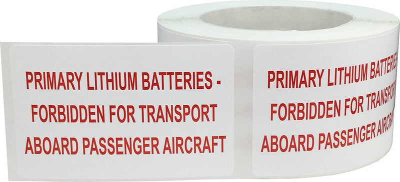 Primary Lithium Batteries Forbidden for Transport Aboard Passenger Aircraft Labels, 2.5 x 4 Inch Adhesive Shipping Stickers, 500 Battery Warning Labels Per Roll – Made in the USA