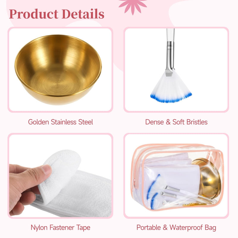 [Australia - AusPower] - 13 PCS Esthetician Supplies Set, Stainless Steel Golden Mixing Bowls Spoons, Facial Fan Brushes, Nylon Fastener Headbands, Portable Waterproof Bag for Spa Salon Travel 