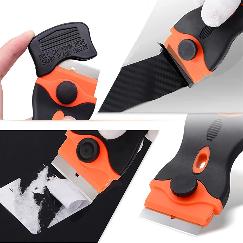 Razor Blade Scraper, 2-in-1 Plastic Scraper Tool with 20 Razor Blades, Multi-funtional Cleaning Razor Scraper for Paint, Label, Decal, Sticker Remover, Gum, Caulk, Adhesive Removal, Cooktop, Wallpaper Orange