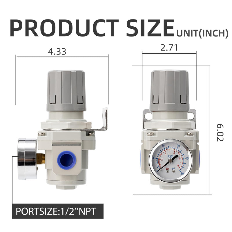 Compressed Air Regulator 1/2" NPT 0-150 PSI Fine Adjustment, Gauge Included, Ideal for Spray Painting, CNC, & Automotive Air Tools 1/2"NPT/AR4000-04