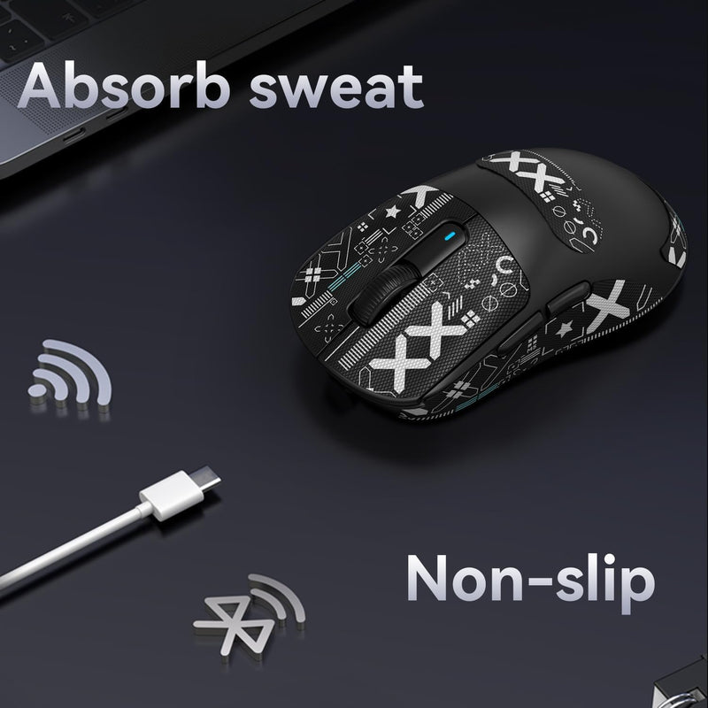 Mouse Anti Slip Grip Tape, Pre-Cut Universal Griptape for Superlight Wireless Gaming Mouse Skins, Sweat Resistant, Elastics Refined Side Grips, Easy to Apply, Ultra-thin 0.5mm (0.02in) - Black Black & White