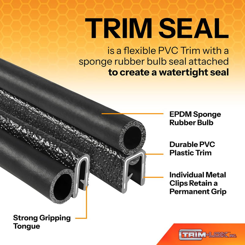 TRIM-LOK Trim Seal, Edge Trim with Side Bulb, Fits 0.437-Inch Bulb, 3/16-Inch Edge, 17/32-Inch Leg, 25-Foot Length, Black Pebble Finish, Flexible PVC Plastic Trim with EPDM Rubber Weather Stripping 0.437" Bulb, 3/16" Edge, 17/32" Leg, 25 Feet