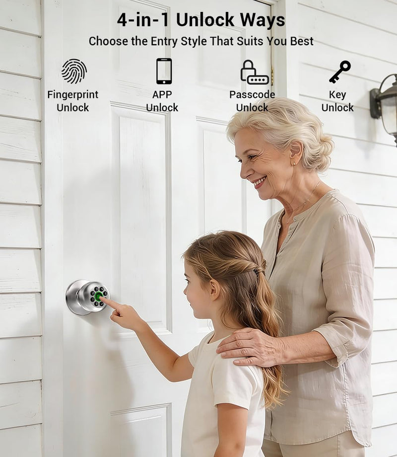 KLLOQUE Smart Fingerprint Door Lock with App Control & Key, Keyless Entry Door Knob, Electronic Keypad Door Knob,Door Locks for Bedroom,Garage,Home,Front Door, Office,Apartment-Bright Silver Bright Silver