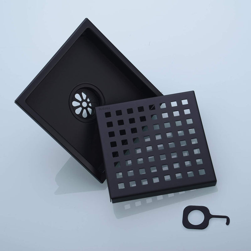 6 inch Stainless Steel Shower Floor Drain with Threaded Adapter, Removable Grid Cover, Black Matte Black