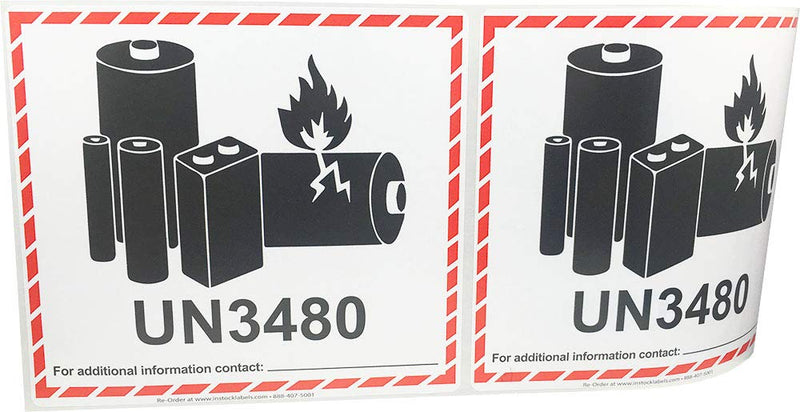 Caution Lithium Battery Labels UN3480 4.5 x 5 Inch 500 Adhesive Stickers