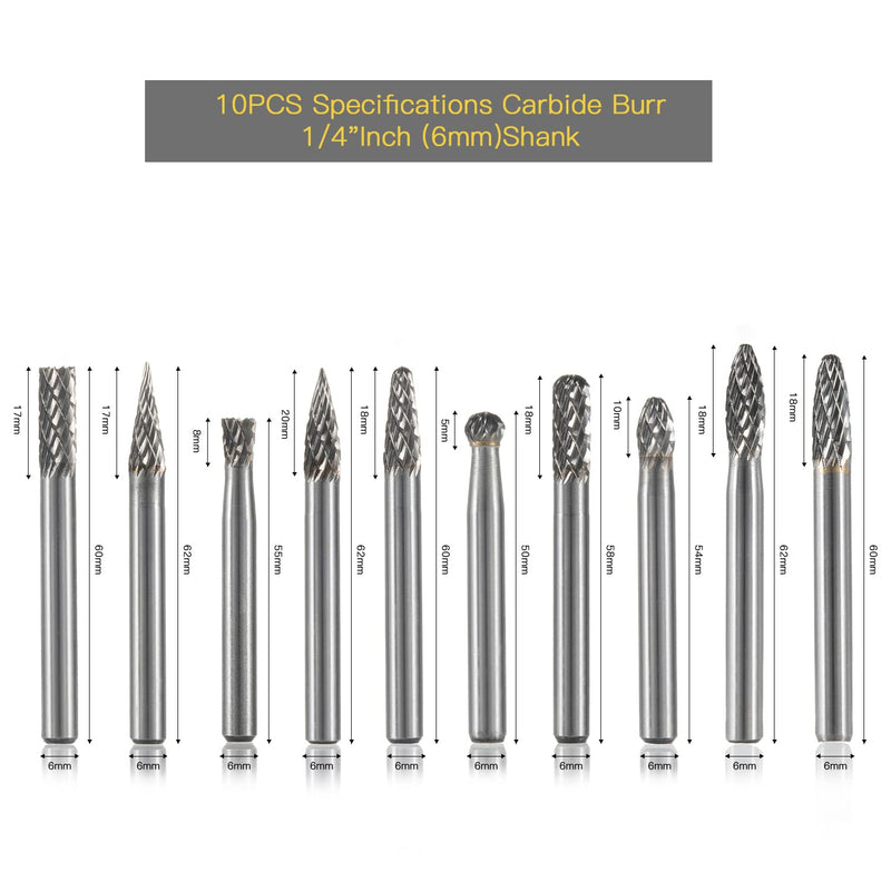 HIDOTOL Carbide Burr Set 10PC 1/4" Shank – 6mm Tungsten Double Cut Carbide Rotary Burr Set for Metal and Wood Carving, Grinding, Polishing, Engraving, Drilling. 10PC - 1/4 shank 6mm