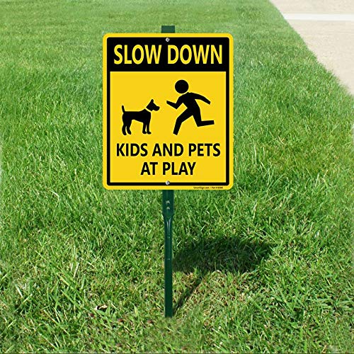 SmartSign "Slow Down - Kids And Pets At Play" LawnBoss® Sign | 10" x 12" Aluminum Sign With 3' Stake