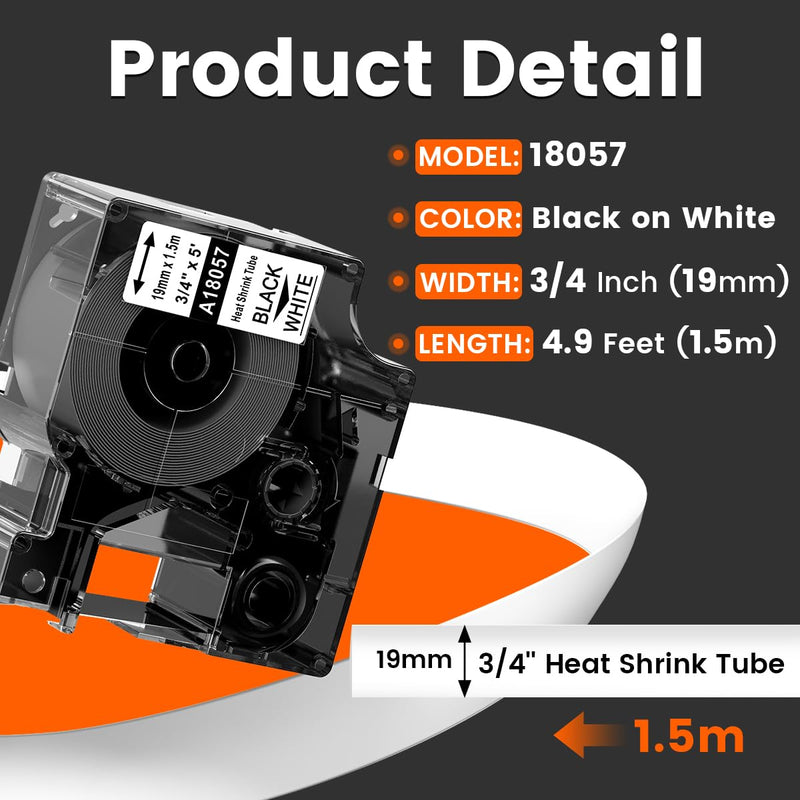 [Australia - AusPower] - Rhino Heat Shrink Label 3/4'' Compatible with DYMO 18057 Heat Shrink Tubes A18057 Work with DYMO Rhino 4200 5200 5000 6000 Industrial Label Maker, 5-Pack, Black on White 