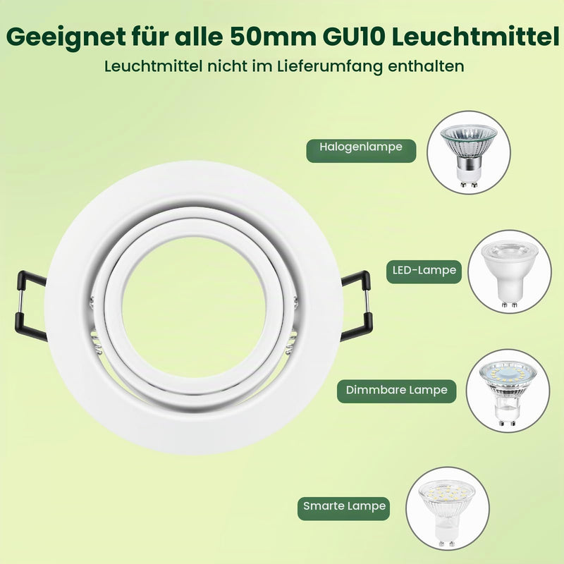 Set of 10 Recessed Spotlights LED Frame Diameter 68 mm GU10 Ceiling Spotlights Including GU10 Socket, 30° Swivelling Mounting Frame LED Spotlights 230 V for Recessed Lighting White