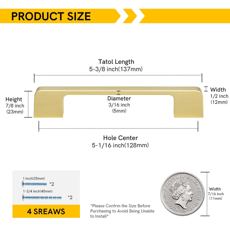 Rergy Cabinet Pulls Kitchen Handles for Cabinets, 5Pack Gold 5inch Hole Center, Square Drawer Hardware Zinc Alloy Dresser Handle for Cupboard 5"/128MM Hole Center Brushed Gold