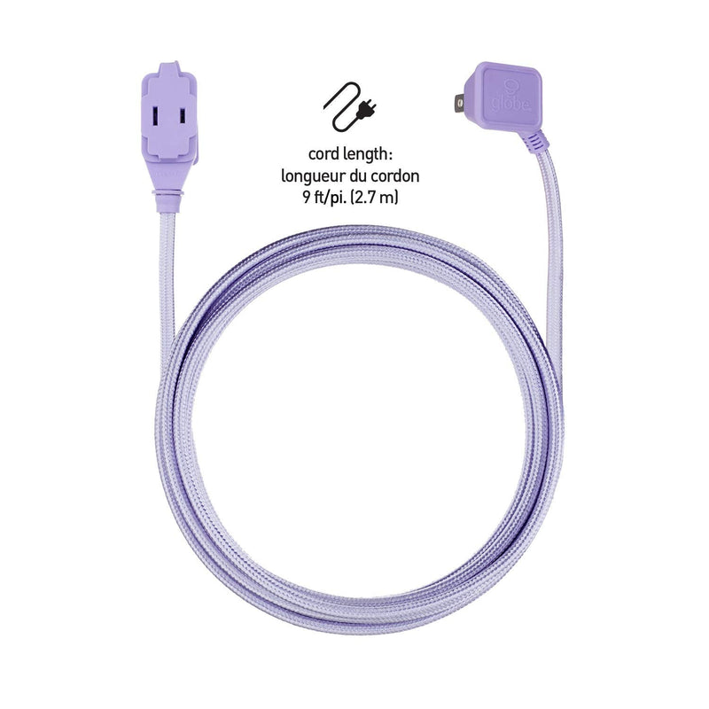 [Australia - AusPower] - Globe Electric 22892 Designer Series 9-ft Fabric Extension Cord, 3 Polarized Outlets, Right Angle Plug, 125 Volts, Metallic Purple 