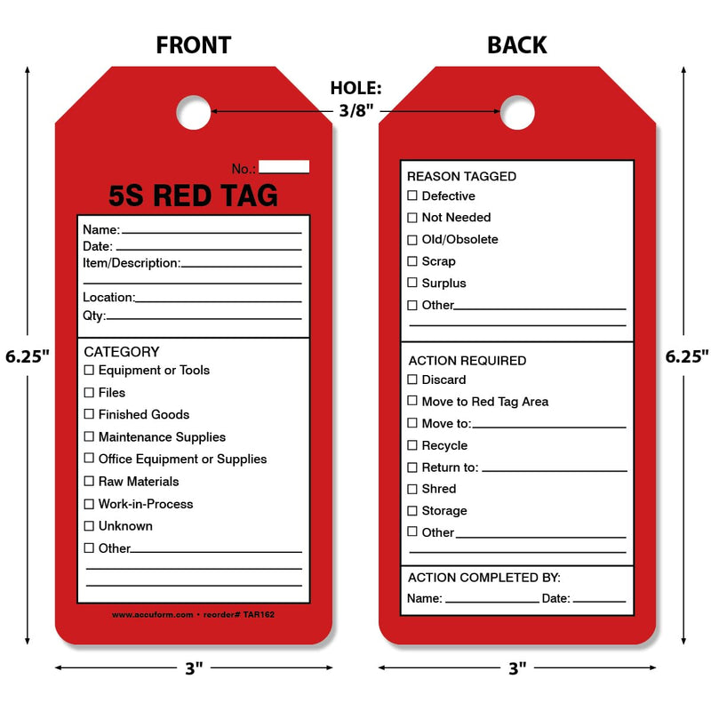 [Australia - AusPower] - 100 Tags by-The-Roll, 5S Red Tag, US Made OSHA Compliant Tags, Waterproof PF-Cardstock, Resists Tears, 6.25"x3", TAR162 100 Tags 