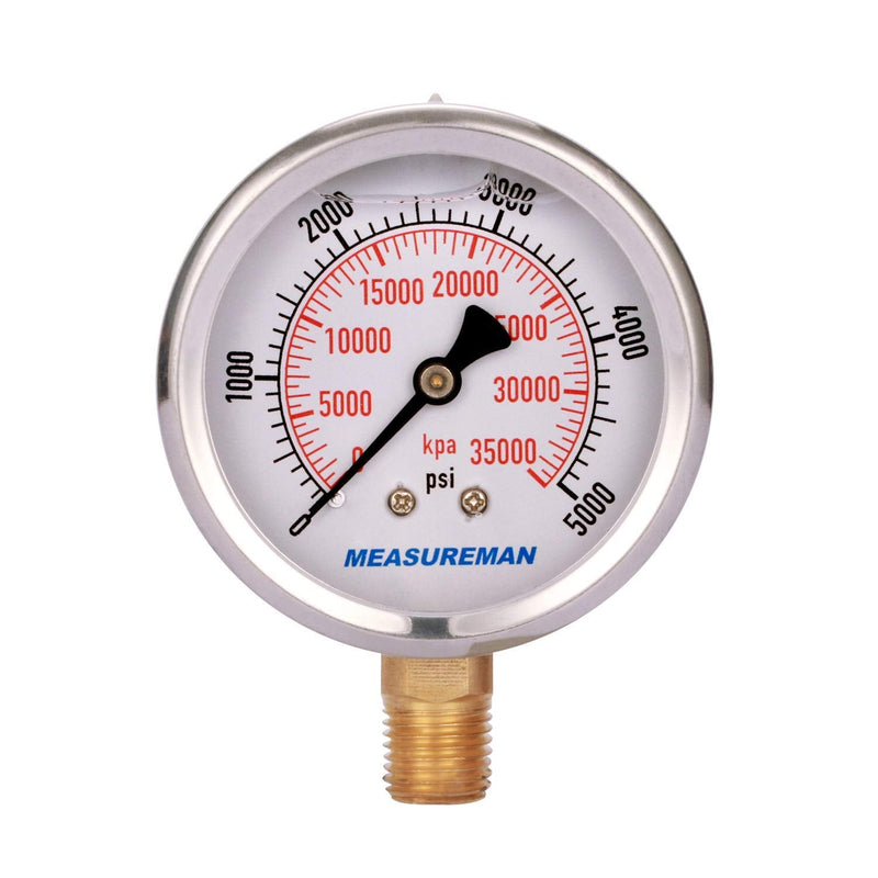 [Australia - AusPower] - MEASUREMAN 2-1/2" Dial Size, Liquid Filled Hydraulic Pressure Gauge, 0-5000psi/kpa, 304 Stainless Steel Case, 1/4" NPT Lower Mount 2 Pack 0-5000 psi / 2PCS 