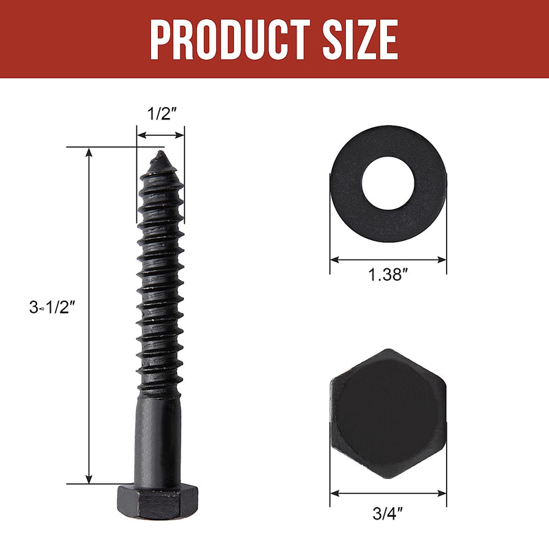 1/2" x 3-1/2" Lag Bolts (25 PCS) Black Lag Screws for Wood, Double Anti-Rust Coatings, Heavy Duty Hex Head with Washers 1/2"x3-1/2"