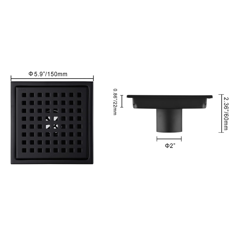 6 inch Stainless Steel Shower Floor Drain with Threaded Adapter, Removable Grid Cover, Black Matte Black