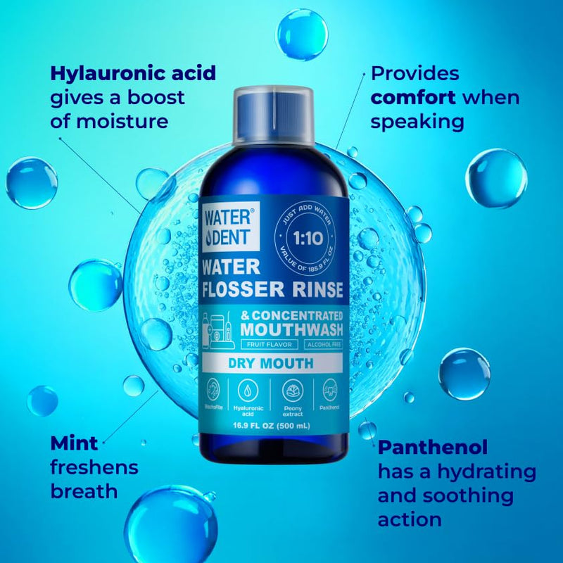 WATER DENT Water Flosser Rinse, Solution, Additive & Mouthwash for Dry Mouth – Compatible with Waterpik & All Oral Irrigators, with Hyaluronic Acid, Alcohol & Fluoride Free, Fruit Mint, 16.9 fl oz 16.9 Fl Oz (Pack of 1)