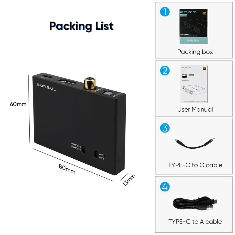 [Australia - AusPower] - SMSL PO100 PRO MQA DDC XMOS XU316 Digital to Analog Audio Converter Type-C USB Input IIS/Optical/Coaxial Output Mini Portable USB Interface Converter for Phone/TV/PS3/PS4/PS5 