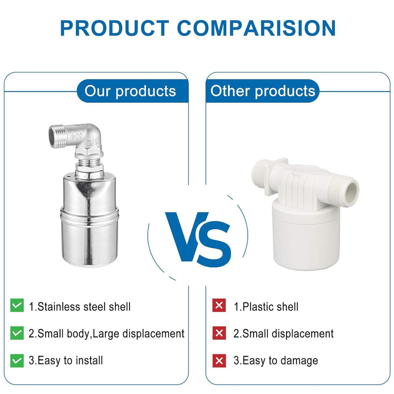 Auto Water Level Control Float Valve 1/2" 3/4" - 304 Stainless Steel, No Pump Needed for Water Tanks, Fish Ponds, Livestock Troughs, Hydroponics, Pool(2 Pack Long) 2 Pack