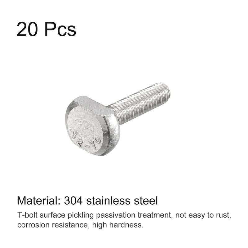 [Australia - AusPower] - uxcell T-Slot Bolts, 20pcs M6x25mm T Slot Drop-in Stud Sliding Bolts 304 Stainless Steel T Shape Screws for T Track 20 