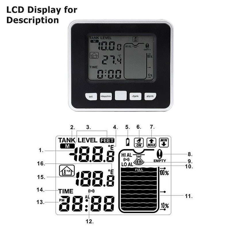 [Australia - AusPower] - Mugast Ultrasonic Level Sensor Water Liquid Level Sensor Transmitter with LCD Temperature Display Supports Liquid Level High/Low Alarm 