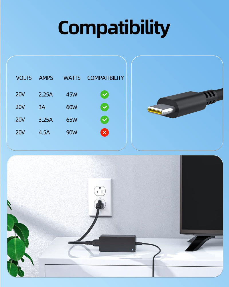 [Australia - AusPower] - Charger for Lenovo Laptop, Thinkpad, Yoga, USB C, 65W 45W (UL Safety Certified) 